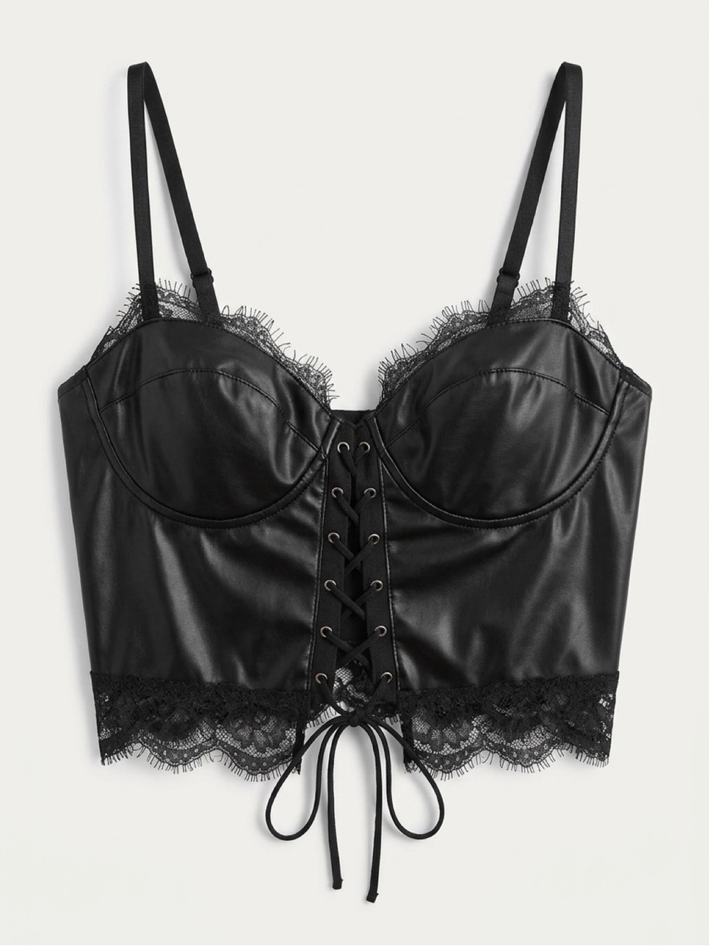SHEIN Black Faux Leather Lace-Up Corset Bralette Top